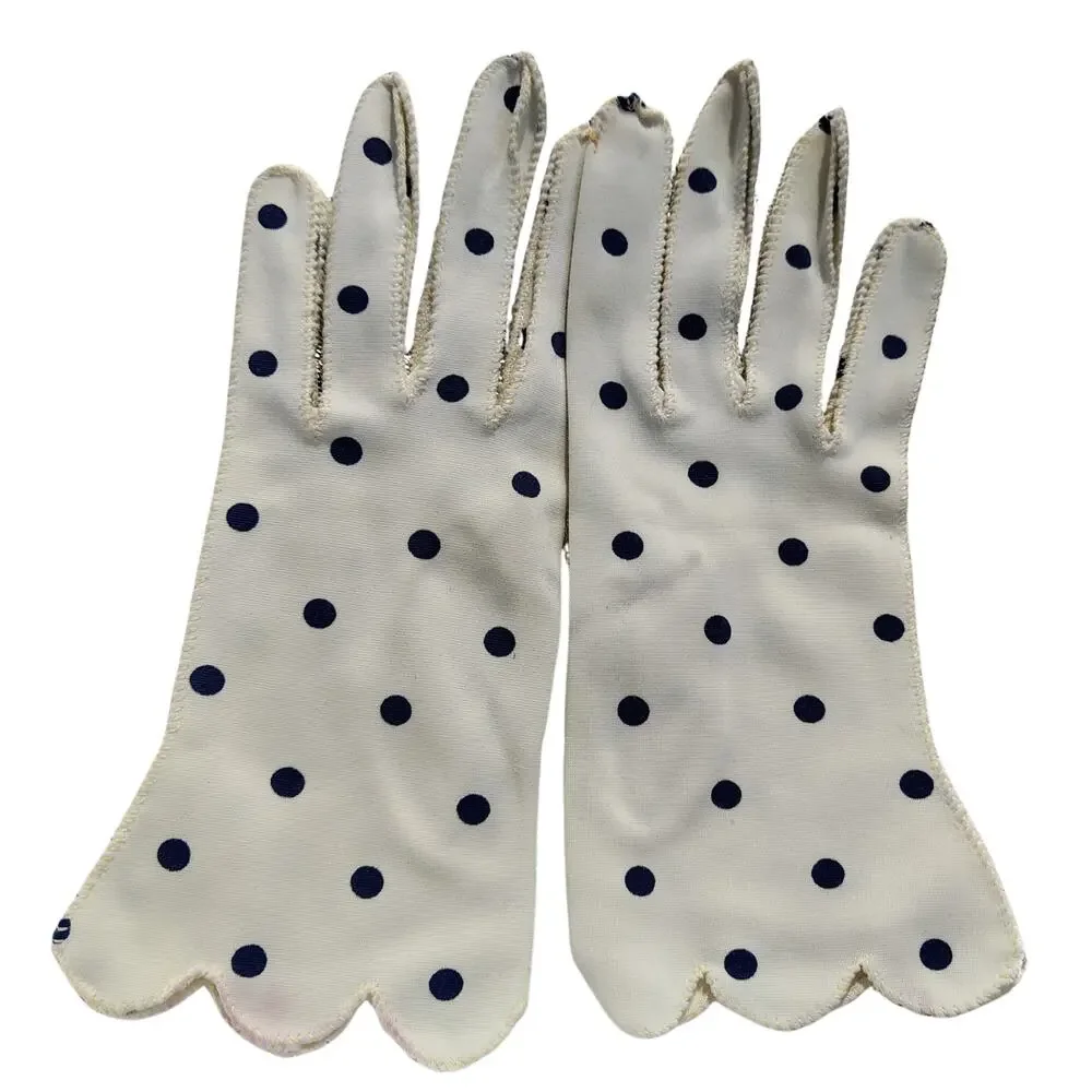 1950s Polka Dot Pin-Up Girl Era Wrist-length White Navy Blue Gloves Size M